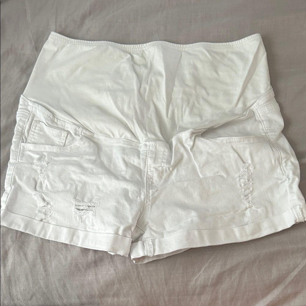 Women's White Distressed Maternity Shorts